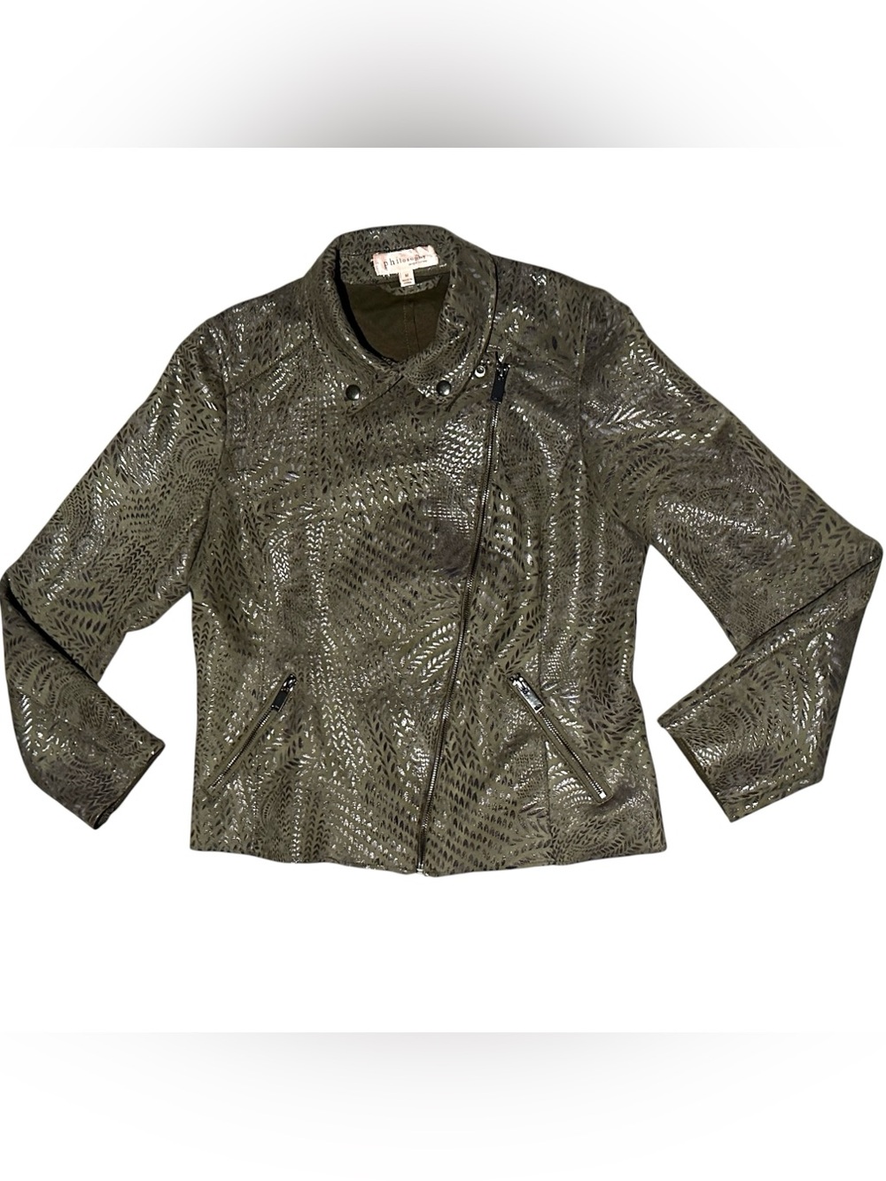 Philosophy Republic Clothing Olive Metallic Faux Leather Moto Jacket M